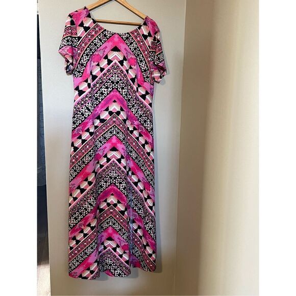 Cato Womens Size 18 Maxi Dress Pink Geometric Chevron Print Short Sleeve Stretch - Picture 3 of 14